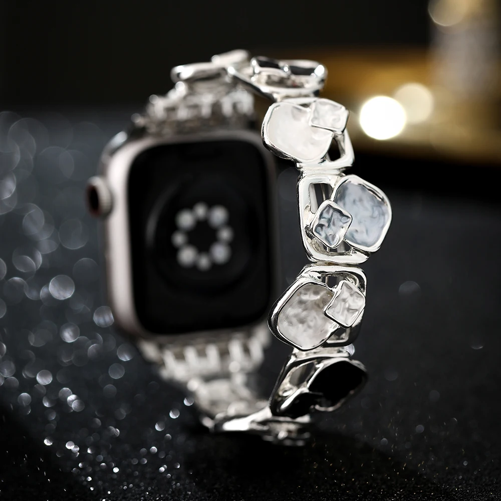 Quadratisches Metallarmband für Apple Watch 42mm 38 40 41 44 45 46 49mm Damen Elastisches Armband iWatch 12 11 10 9 8 7 6 5 4