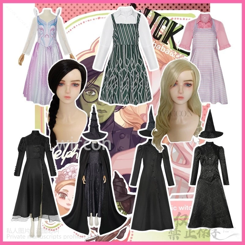 Anime Böse Hexe Film Cosplay Elphaba Schwarze Uniform Anzug Glinda Rosa Lolita Kleid Für Frau Mädchen Perücken Angepasst Halloween