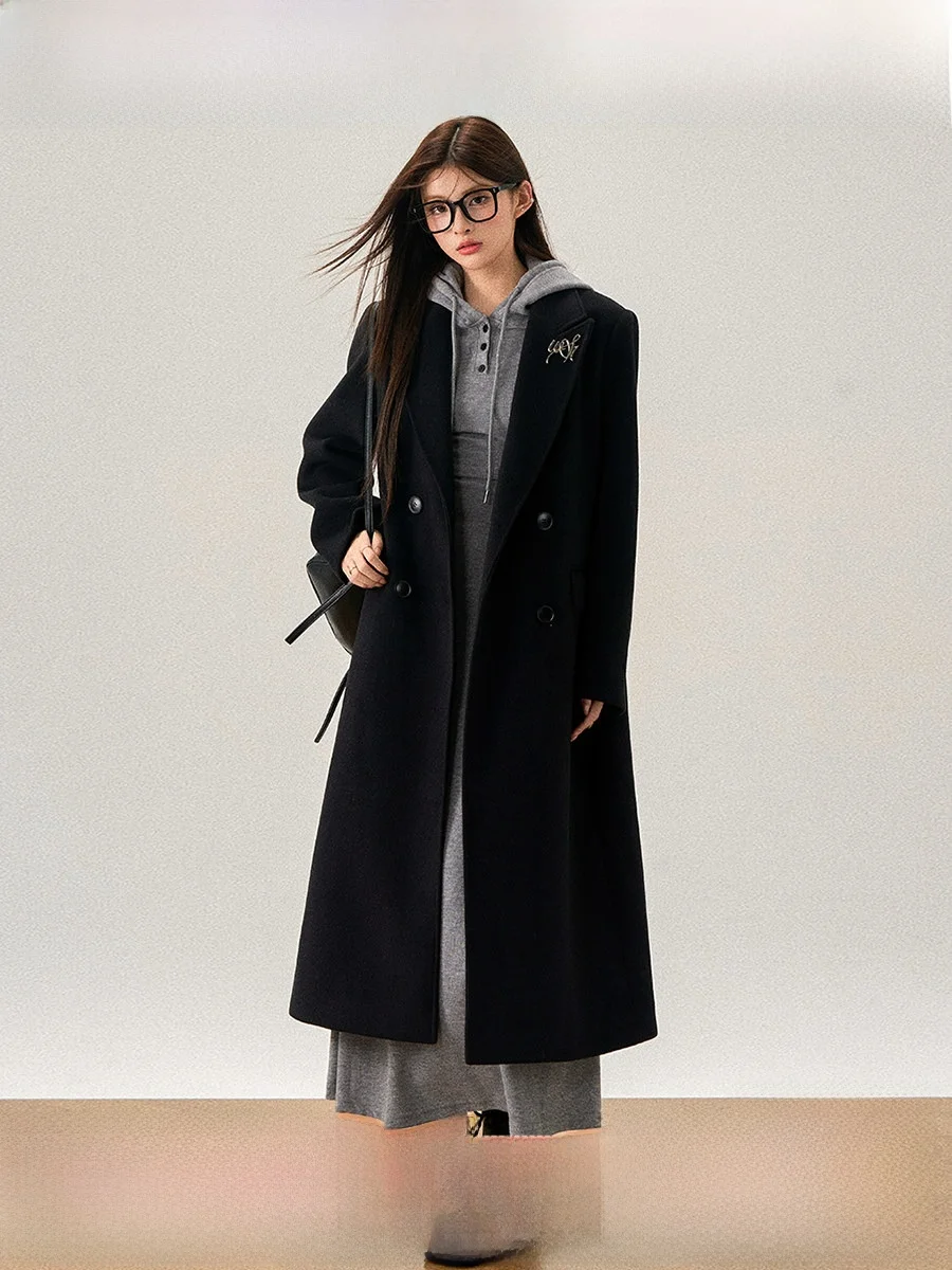 

Westayone Women's Long Loose Winter Woolen Coat Ele Busin Sle Double Breasted Polyester Cotton Blend Outerwear
