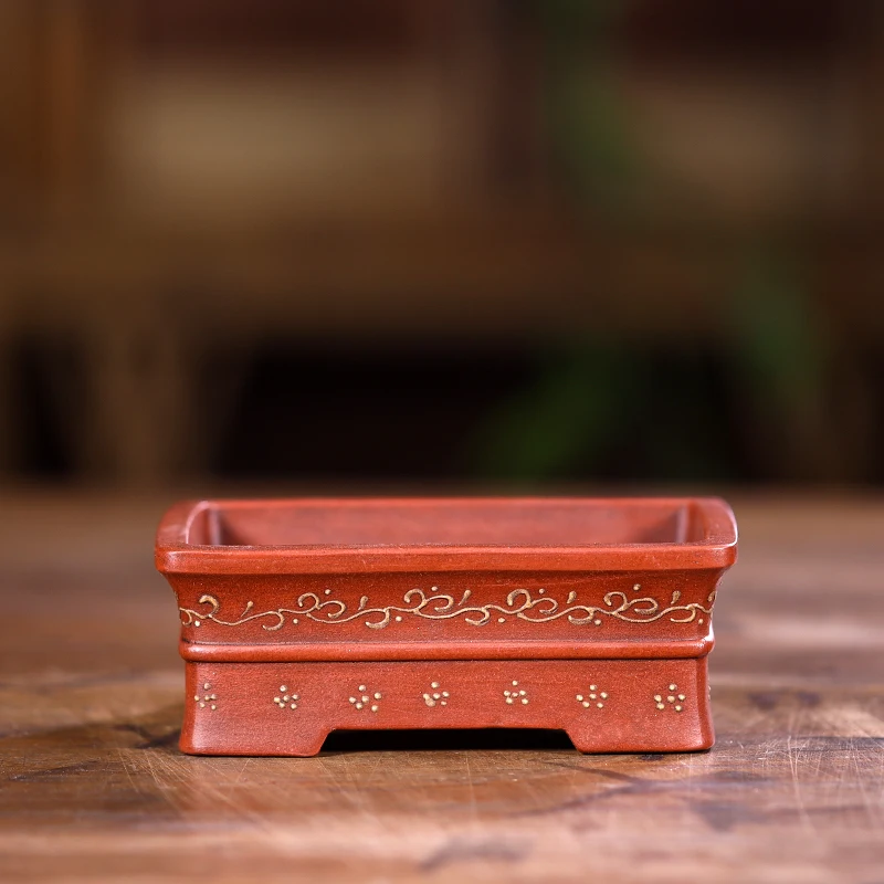 Purple Sand Bonsai Pot, Chinese Carved Garden Decoration