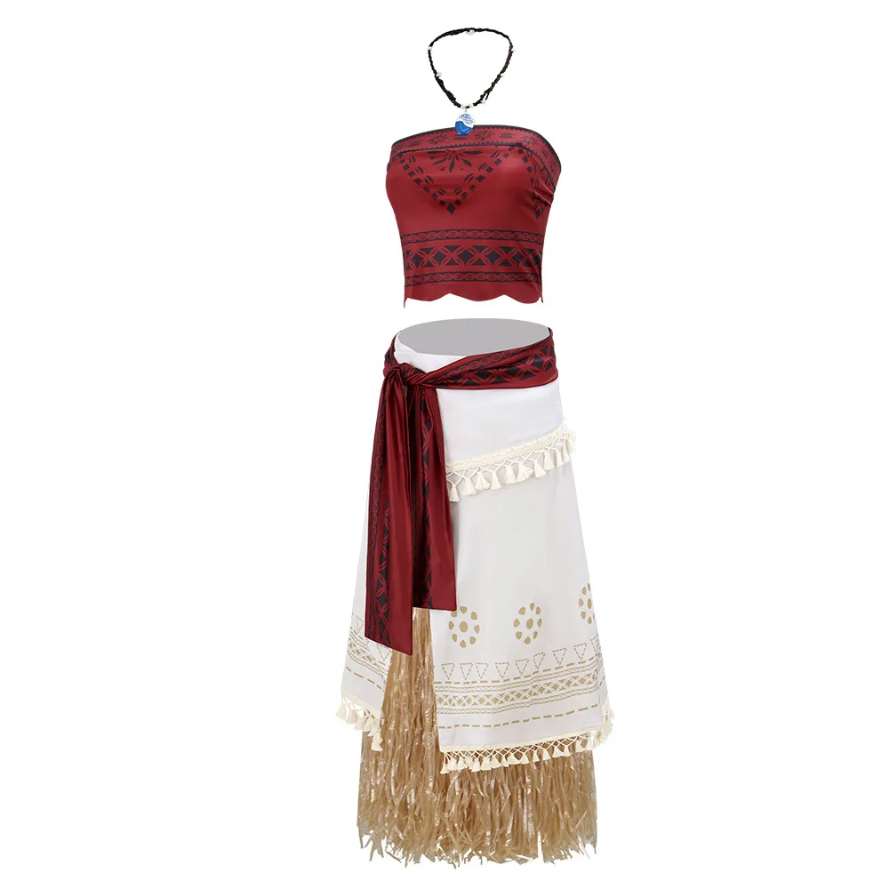 Moana Cosplay Costume For Womens Red Top Grass Skirt Shell Necklace Tropical Island Birthday Party Fancy Dress Summer Beach Set - view 4