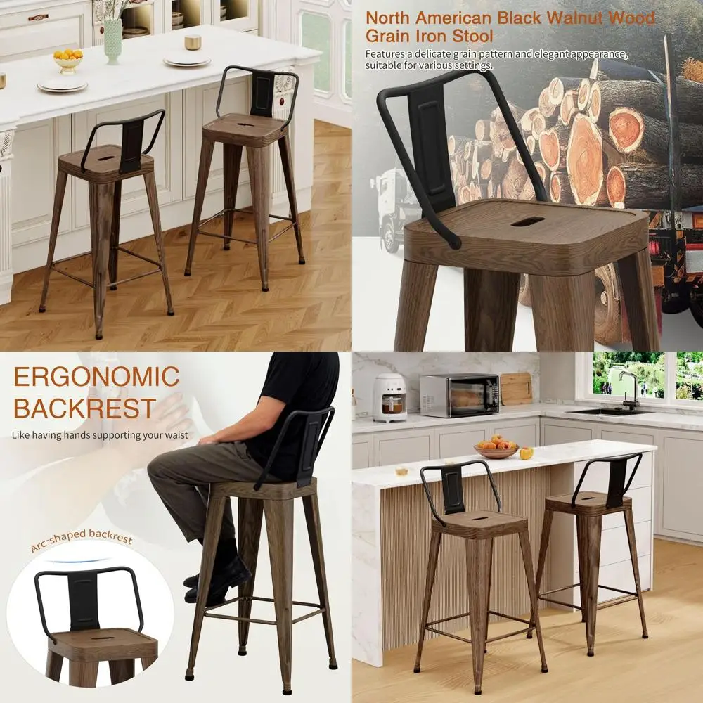 

Metal Bar Stools Set of 4 Counter Height Barstools with Removable Back 24 Kitchen Bar Stools with Wooden Seat, Black