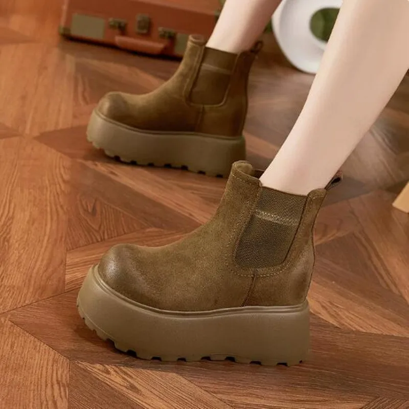 

Роскошные замшевые женские зимние ботинки из натуральной кожи, ботильоны на платформе 10 см, утепленные плюшевые челси-ботинки для женщин