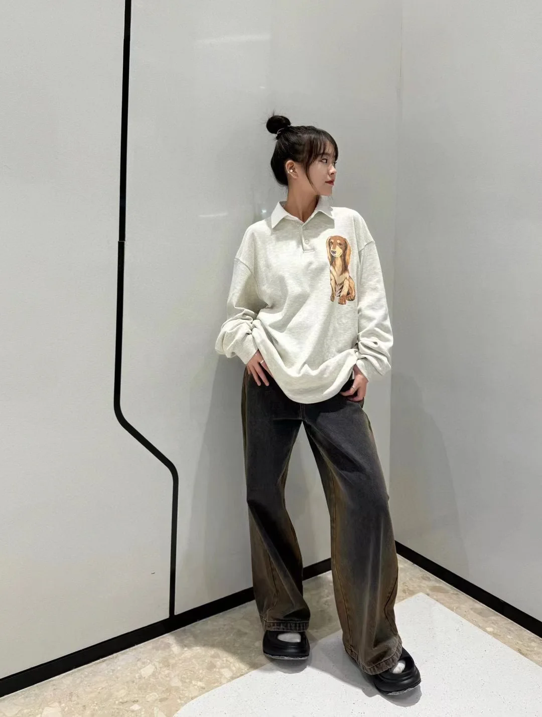 OPEN YY Shirt 2025 Fashion Golden Puppy Dog Print POLO Shirt Lapel Button Long Sleeve Sweatshirt Woman