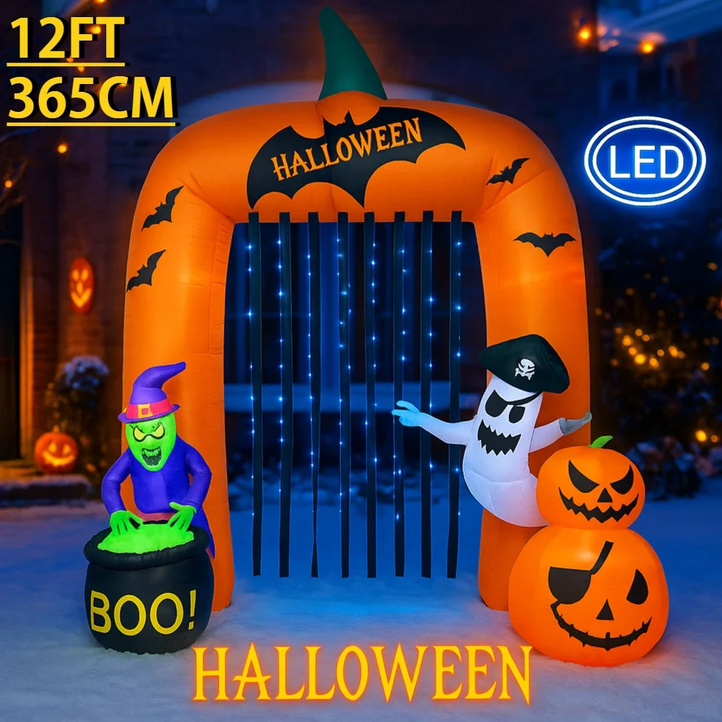

12FT Party Holiday DIY Decoration Giant Halloween Inflatable Pumpkin Arch Toy Witch Ghost LED Lights Yard Supplies Home Ornament