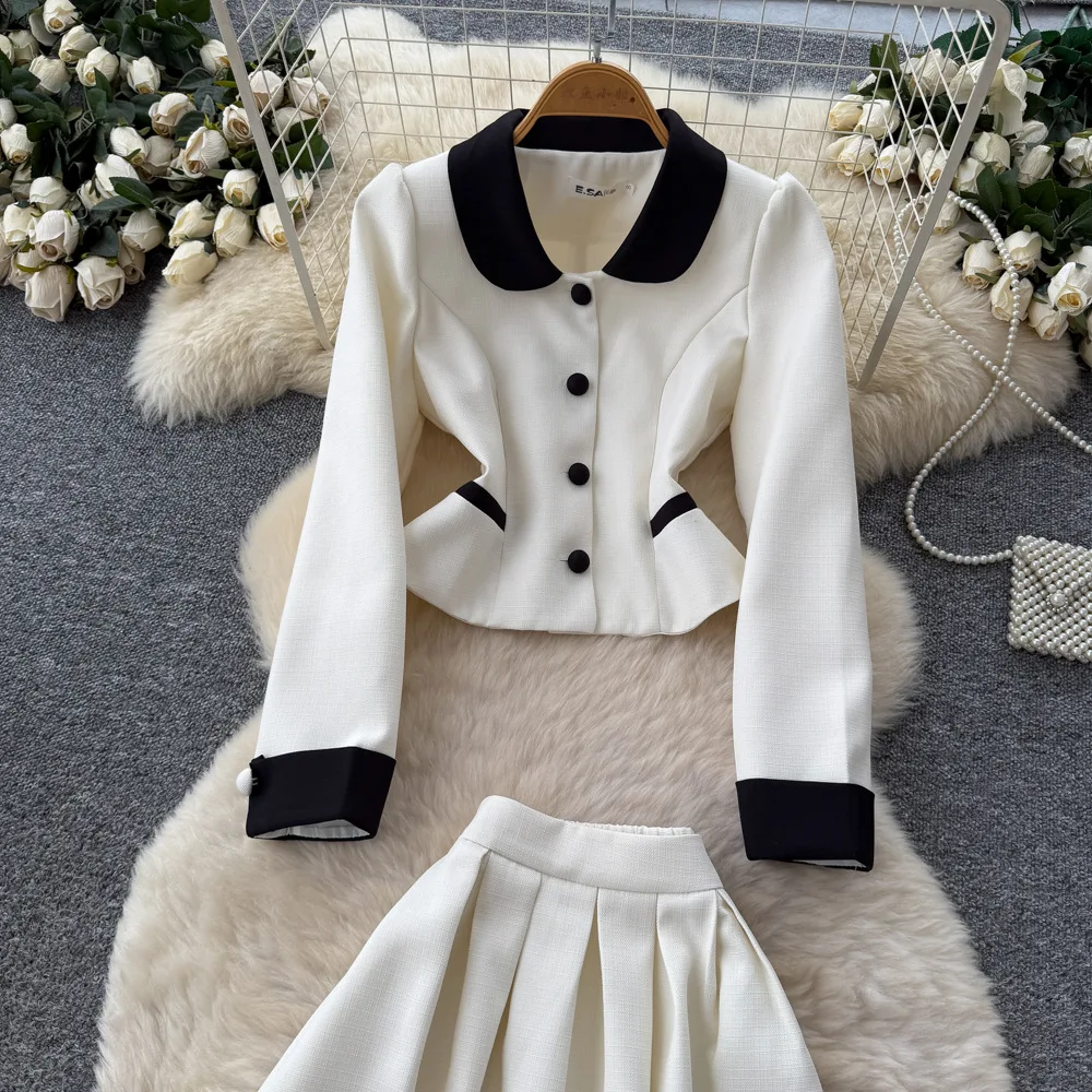 قطعتين تقسم فستان مجموعة ألف خط مجموعات النساء بيتر بان طوق معطف الكاحل طول تنورة فضفاضة أنيقة عادية 2025 ربيع الخريف