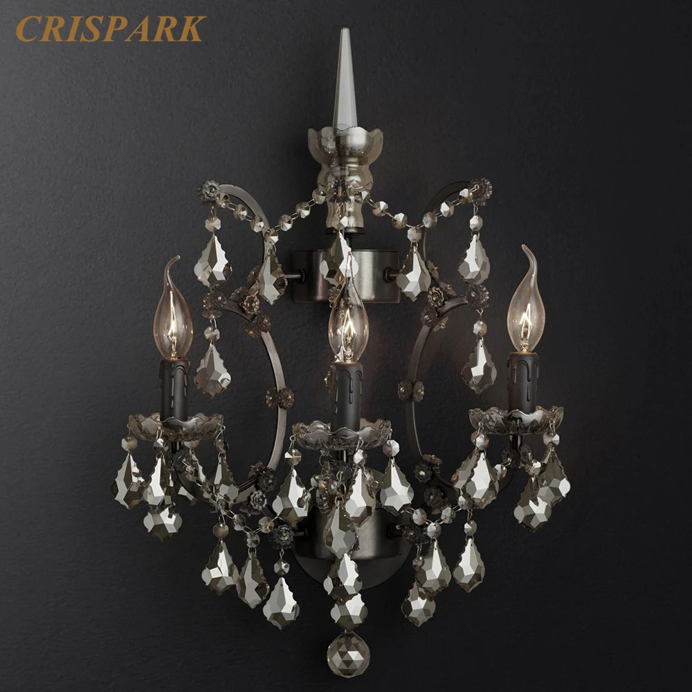 19th C. Rococo Iron & Crystal Sconce Classic Three Arms Clear Crystal Wall Light LED Home Decor Rustic Sconce Lamp for Corridor