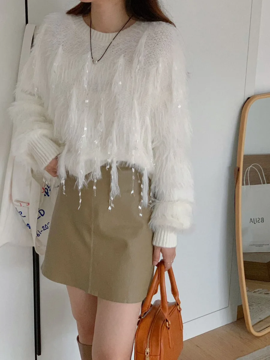 Autumn And Winter Luxury Style Imitation Mink Knitted Sweater 2024 Knitwear Pullovers Casual Sweater Women\'s Short Tassel Jumper