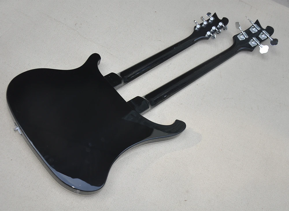 4+6 Strings Black Double Neck Electric Guitar with Black Pickguard,Yellow Pearled Inlay,Can be Customized