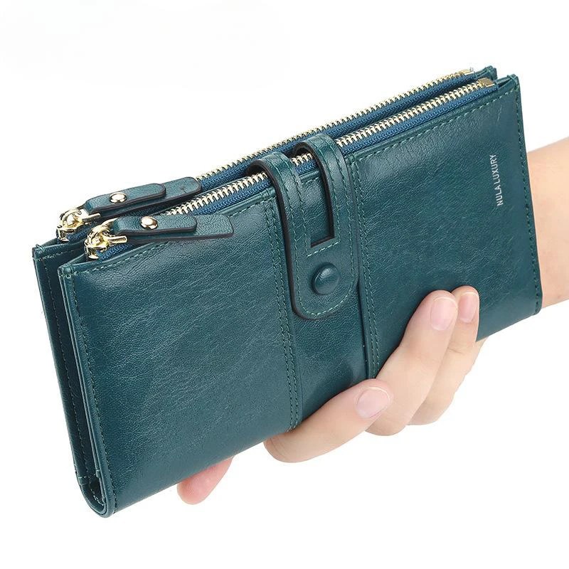 Damen-Geldbörse aus Kunstleder mit Doppelreißverschluss, Große Kapazität, RFID-Kartenhalter, Mehrere Fächer und Münzfach