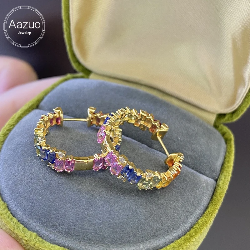 Aazuo Fine Jewely Real 18K Yellow Gold Natrual Sapphires Real Diamonds Rainbow Earring For Girls & Women Birthday Gift