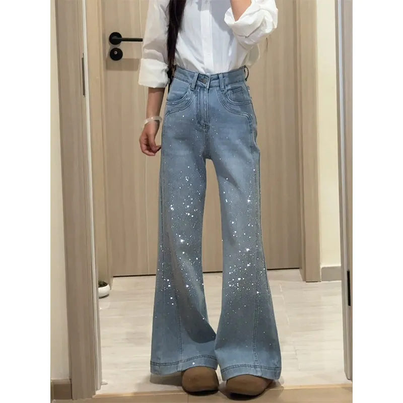 

Light Blue Fce Lined Heavy Embellied Denim Pants Women's Loose Slim Straight Flared Jeans High Waist Spring New Sle