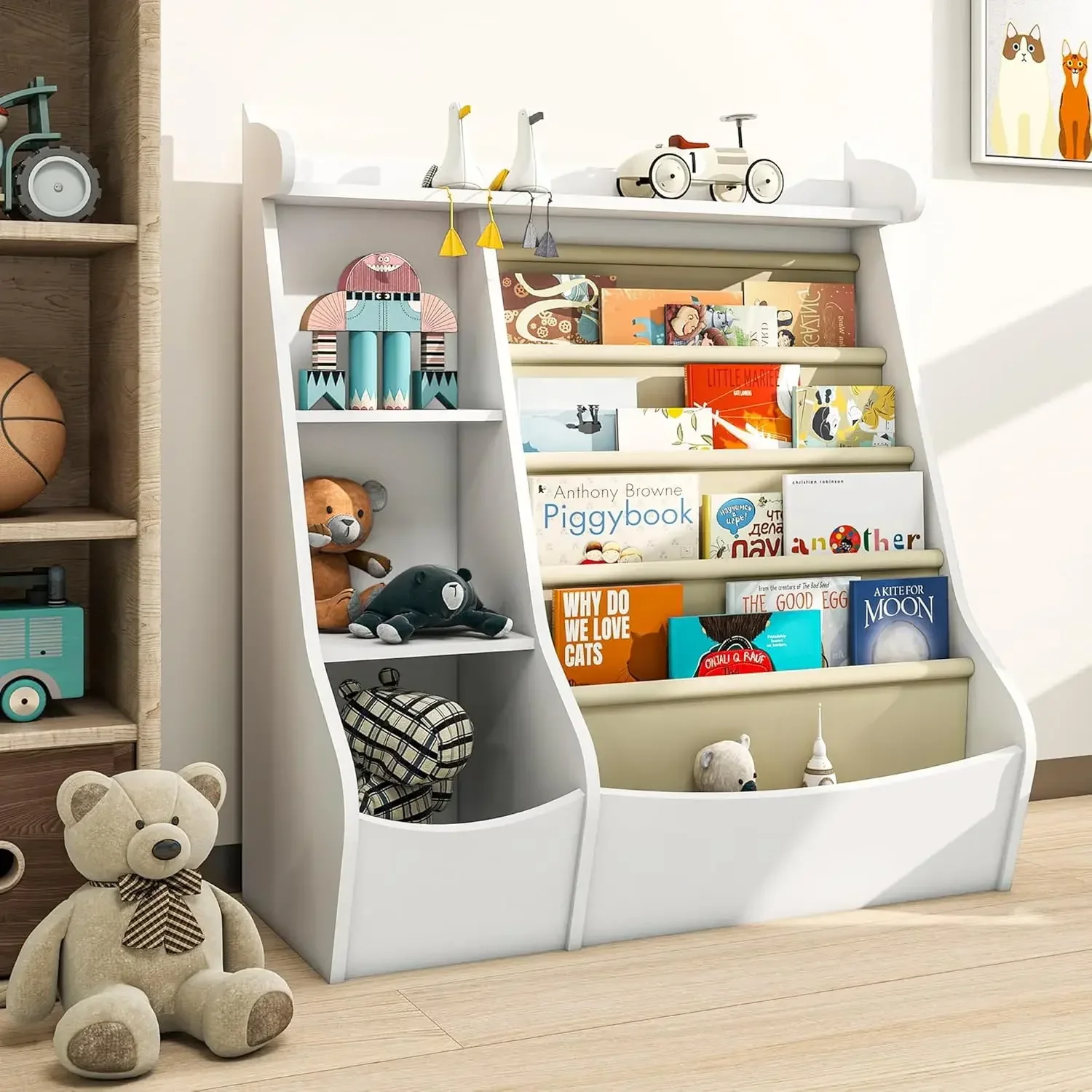 Bibliothèque à 4 niveaux pour enfants, étagère pour tout-petits à 4 élingues, présentoirs, livre en bois T1, stockage de jouets pour bébé, armoire d'évaluation, sol Ch