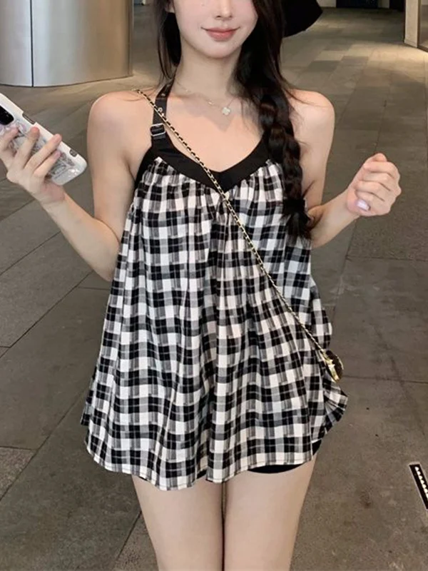 Sexy Sweet Backless Plaid Strap Vest Women Summer Loose Slimming Top Hang Neck Design Casual Short Length Polyester Fabric