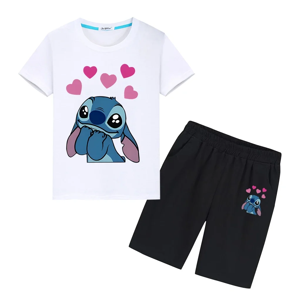 Stitch Disney Kawaii Print T-shirt 100%Cotton Summer Cute Tshirts disney boys girl Sports suit Tops+shorts Tees kid holiday gift