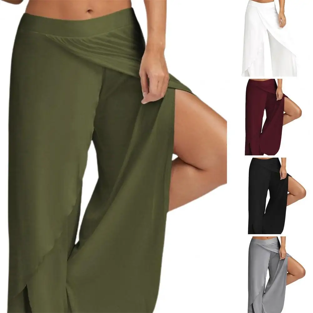 

Women Yoga Pants Solid Color Split Wide Leg Cropped Pants Solid Color Elastic Waist Mid-Rise Straight Fitness Trousers