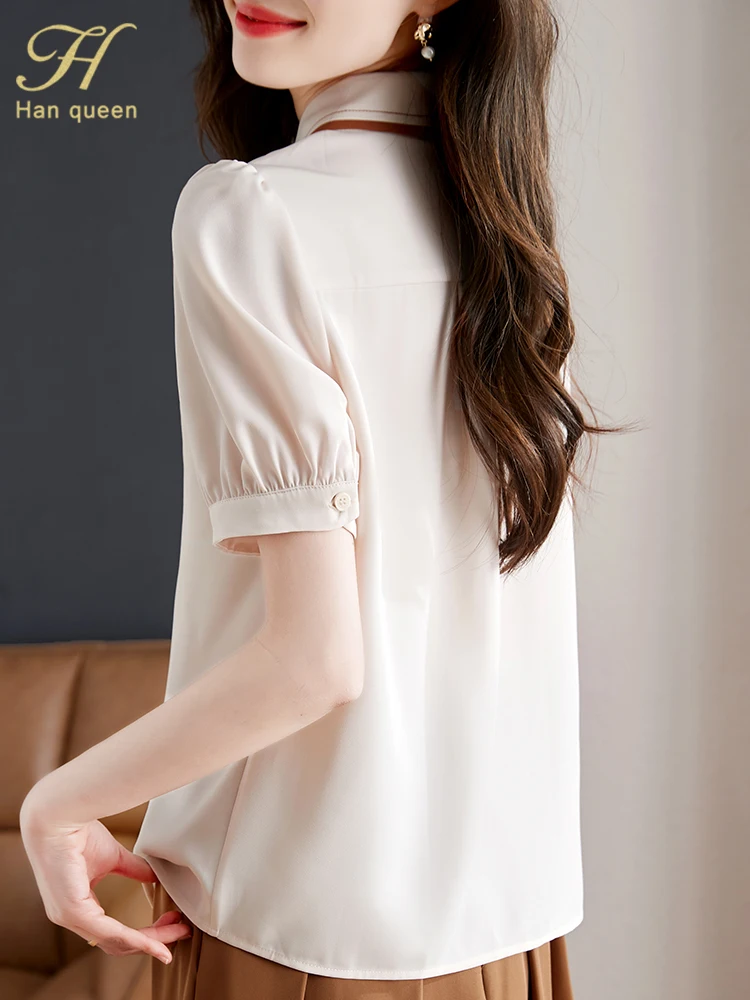 H Han Queen New Simple Summer Elegant Single-Breasted Chiffon Blouse Womens Loose Casual Vintage Shirts Simple Basic Office Tops