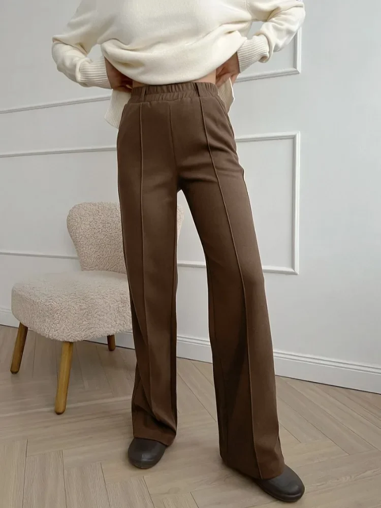 HOUHZOU Women's Winter Pants Thick Warm Loose Classic Long Wide Leg Trousers Thermal Brown Beige Wool Long Pants for Women 2024