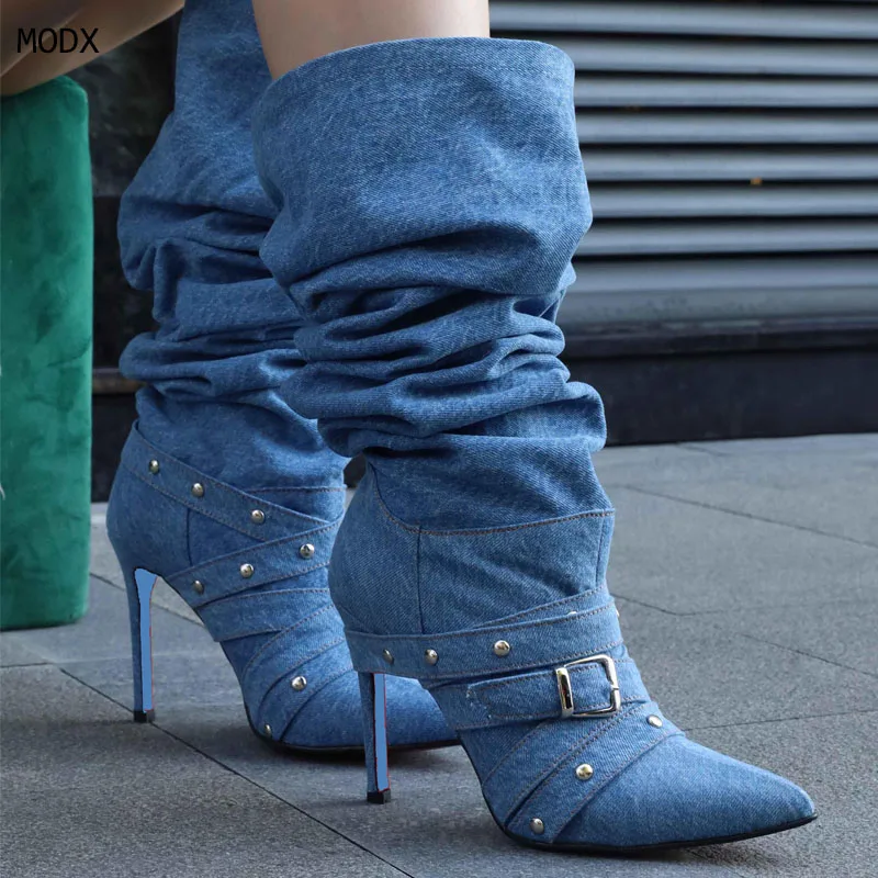 

2025 Women Over Knee Boots Blue Jean Denim High Thin Heels Pointed Toe Party Punk Lady Buckle Thigh-high Long Boots 44