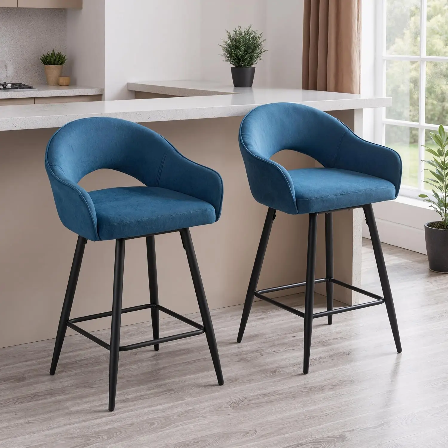 Chairus Swivel Bar Stools Set of 2 Kitchen Stools with Metal Legs Blue Velvet Fabric 360° Swivel Comfy Backrest Metal Footrest Modern Breakfast Counter Chair for Kitchen Island Cafe/Pub