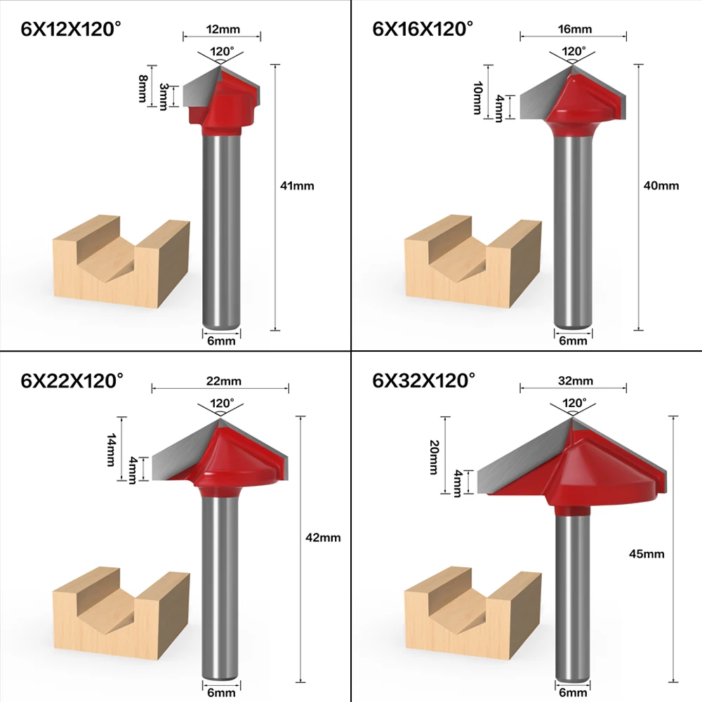 6mm V Bit-1PCS,CNC solid carbide end mill,tungsten steel woodworking milling cutter,3D wood MDF router bit,60 90 120 150 degrees