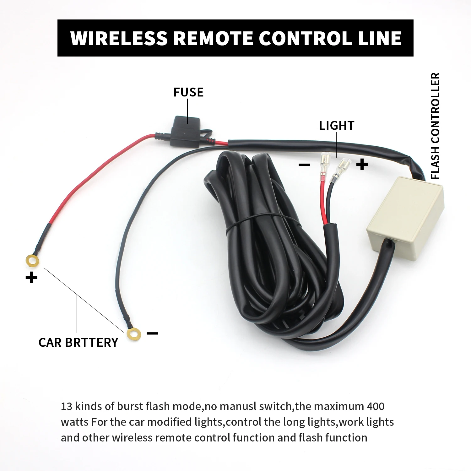 LED light strip 400W load harness wireless strobe wiring kit, on-off strobe RF remote switch, suitable for 12V car and truck wor