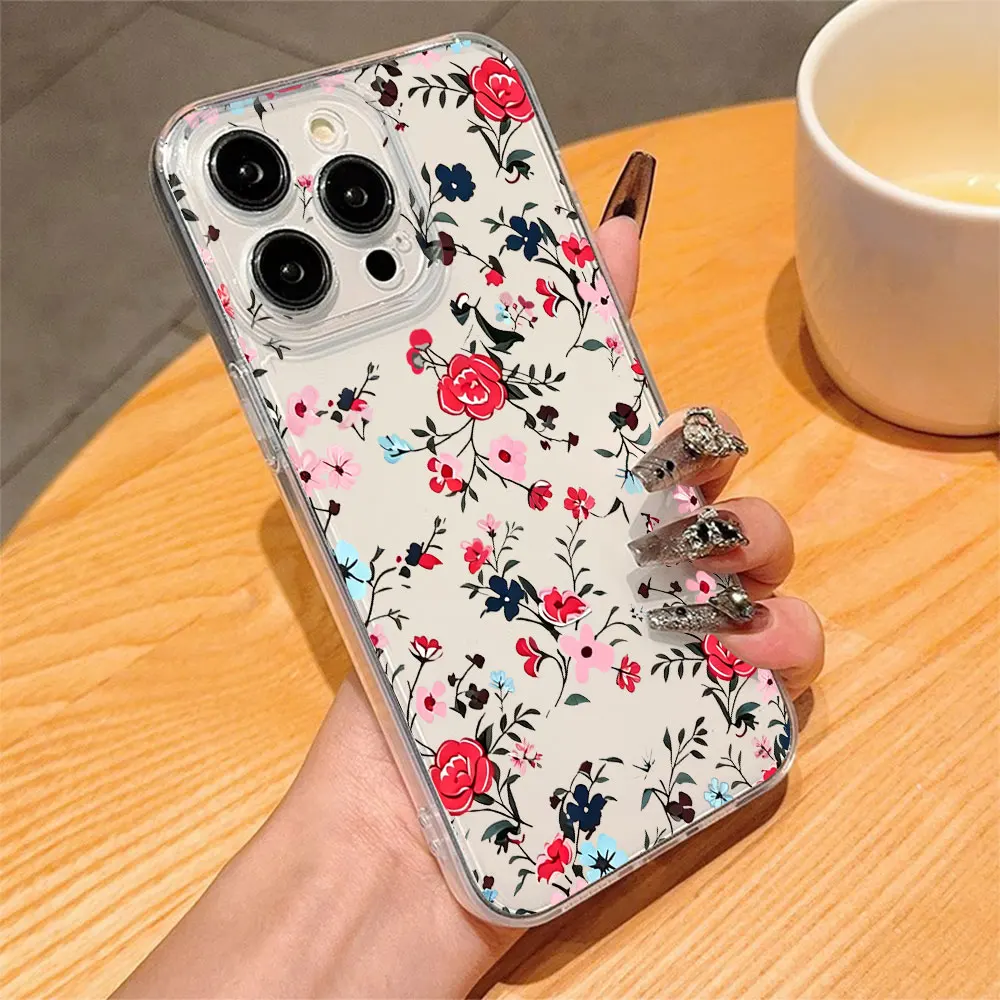 Funda Transparente con Diseño de Flores y Plantas para iPhone 17 16 15 14 13 12 11 Pro Xs Max Mini 8 7 6 6s Plus 16e 17e Air X XR, Antigolpes