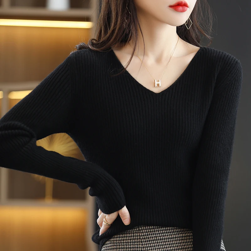 الشتاء المرأة طويلة الأكمام الصوف البلوز سترة الخامس الرقبة محبوك الرباط سترة مرونة عالية الجودة لينة #5