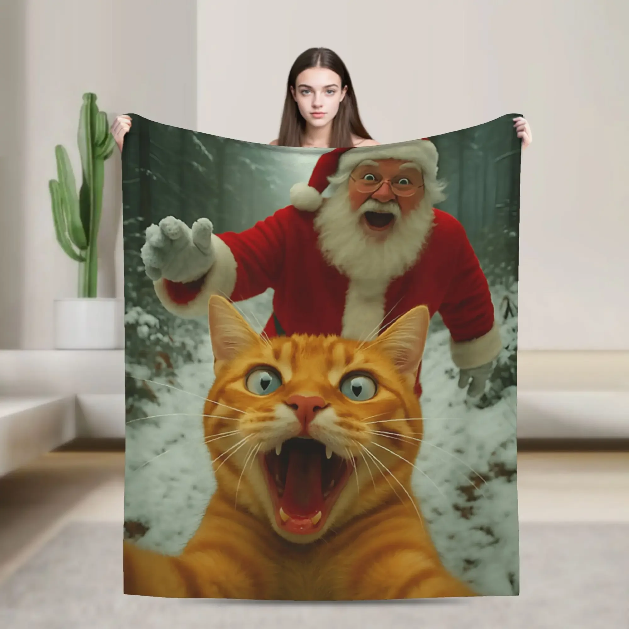

Плюшевое одеяло с забавным котёнком, фотографирующимся с Санта-Клаусом, для любителей Рождества, фланелевое покрывало для детей, плед для гостиной