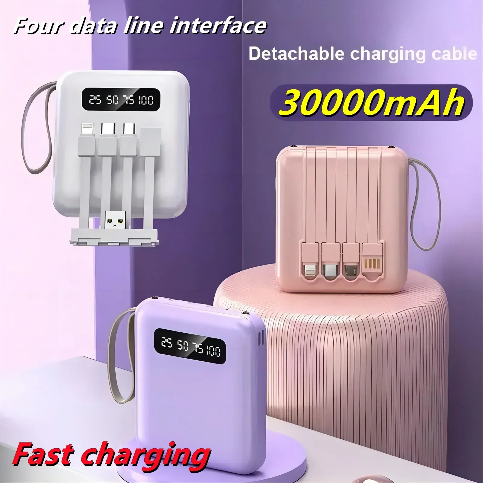 4 In 1 Mini Power Bank Fast Charge Large Capacity 30000mah Portable Quick Powerbank 4in1 Cable For Samsung Huawei Iphone 15 14