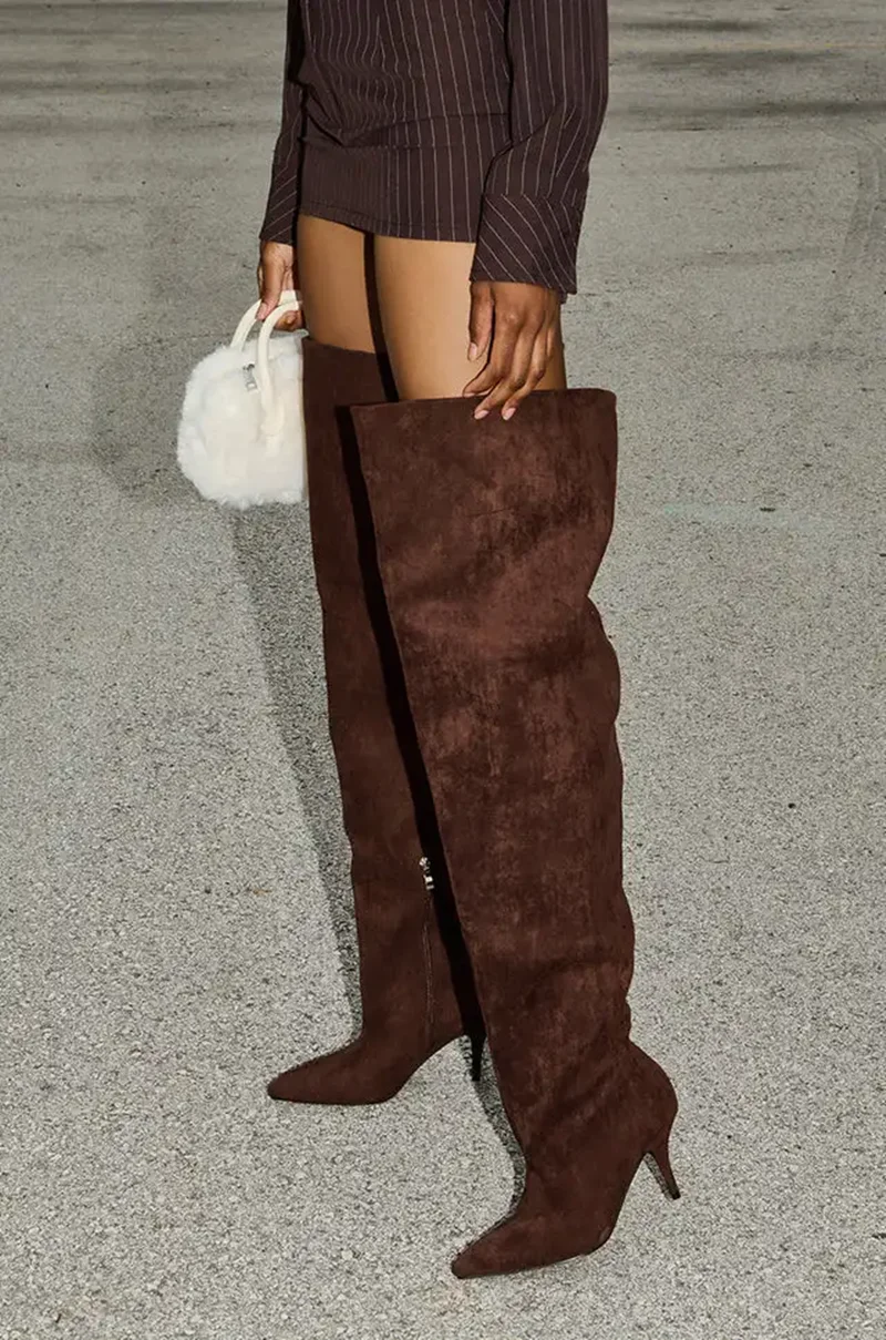 

Brown Suede Over-The-Knee Stiletto Boots Elegant Pointed-Toe Design High Heels Perfect for Elevating Fall/Winter Outfits
