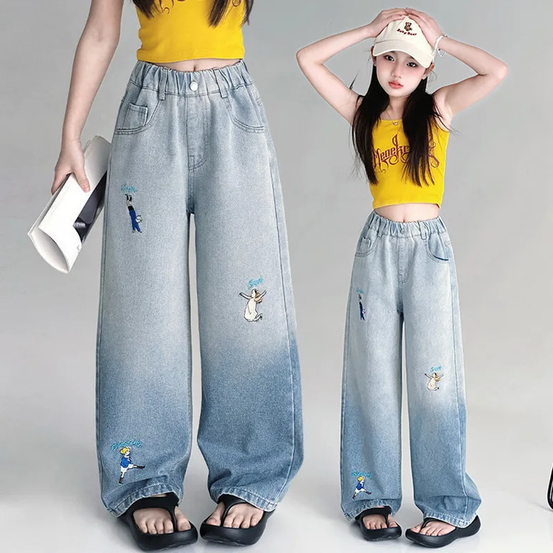 New Arrival Child Cartoon Embroidery Jeans For Teen Girl Street Style Denim Pants Kids Straight Wide Leg Gradient Jeans Trousers