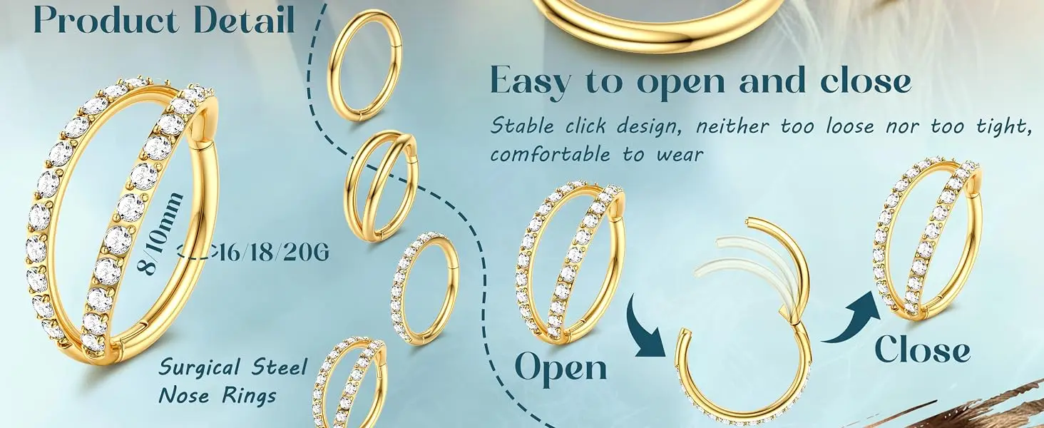Drperfect 4 Stück Nasenringe mit Scharnier für Damen und Herren, 316L Chirurgenstahl Ohrringe, Tragus Septum Doppelring CZ Piercing Schmuck – Detail 3
