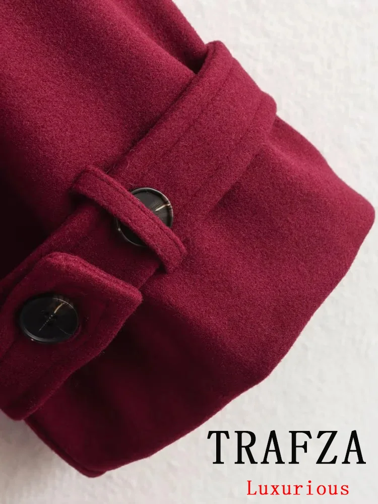 TRAFZA Vintage Women Overcoat Red Solid V Neck Double Breasted Belt Long Coat Fashion 2024 Autumn Winter Thick Warm Office Coats