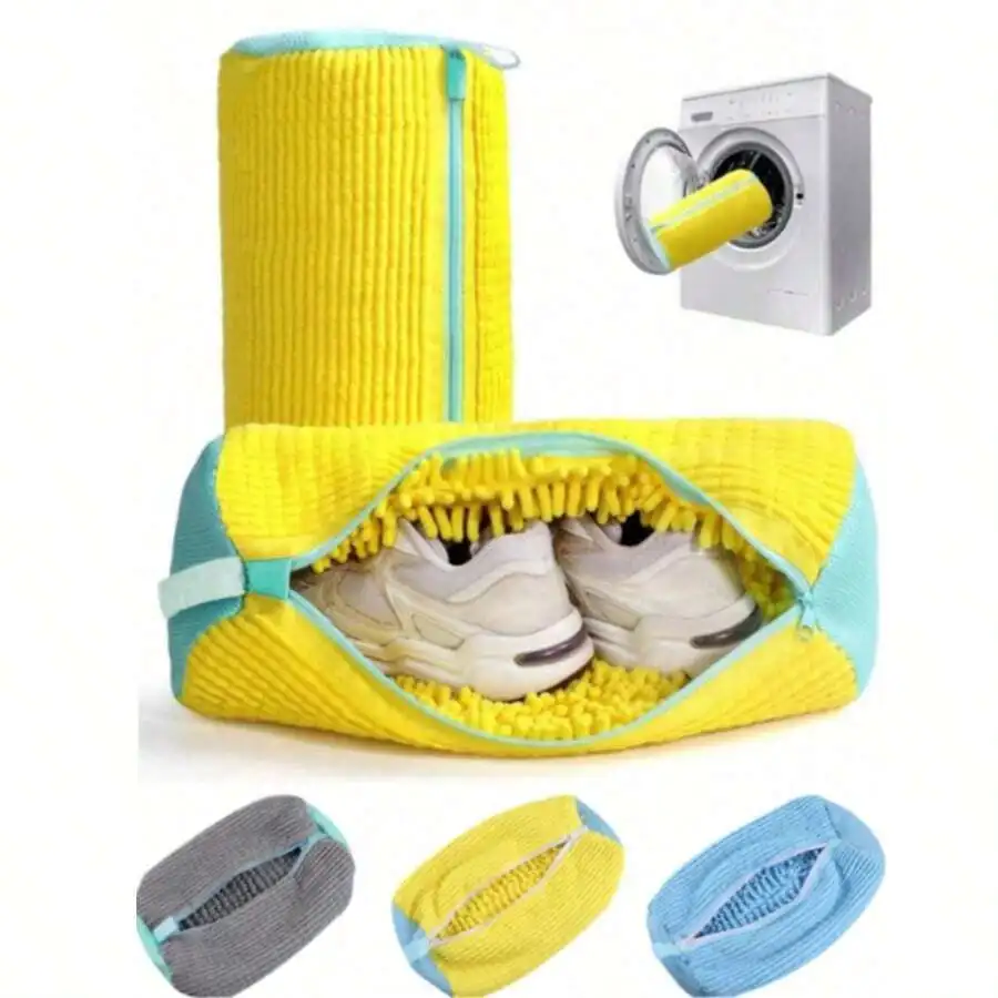 

Washing Machine Shoe Bag - Yellow With Blue Zipper, Soft Plush Lining, Ideal For Protecting Shoes Of All Types.