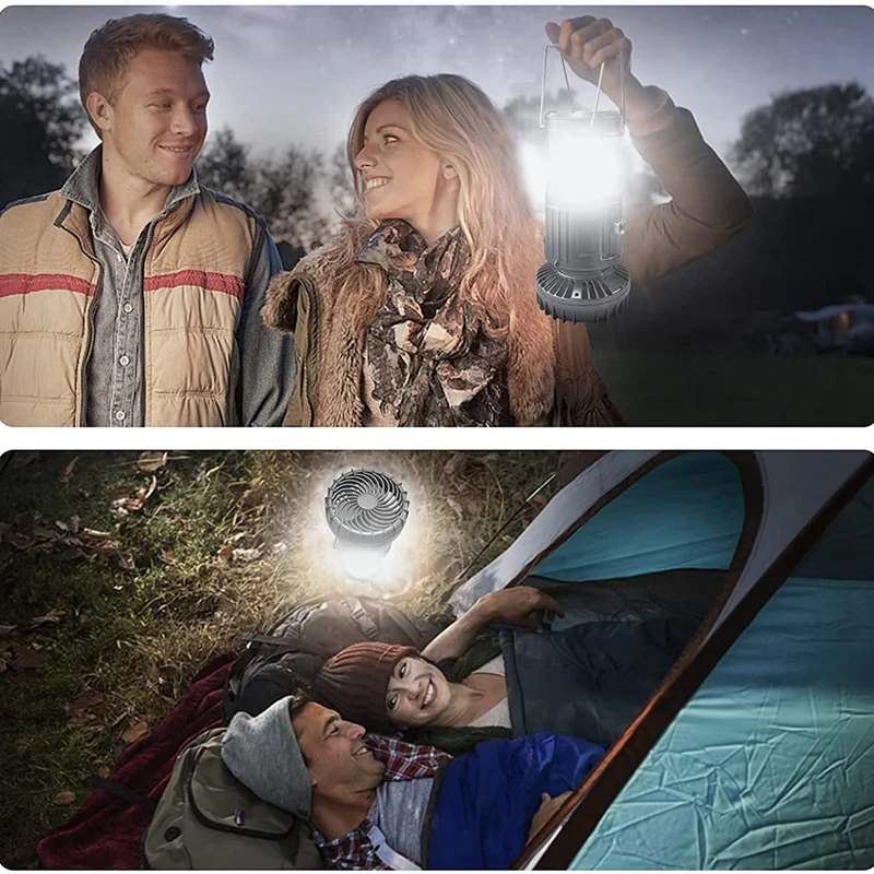 Solar Camping Lantern With Fan,Emergency Flashlight Charging For Phone,USB Rechargeable Portable Camping Fans Durable