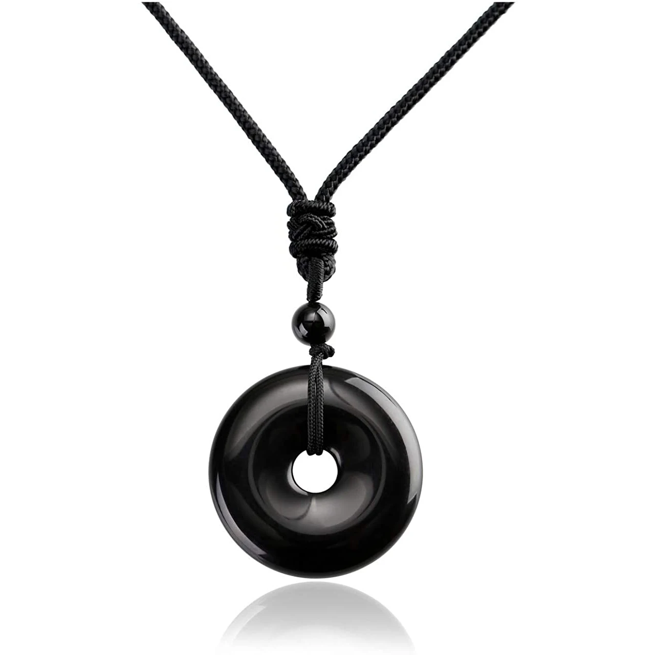 Black Obsidian Donut Necklace Healing Chakra Crystal Amulet Lucky Pingan Coin Protection Pendant Jewelry Women 25/30/40MM