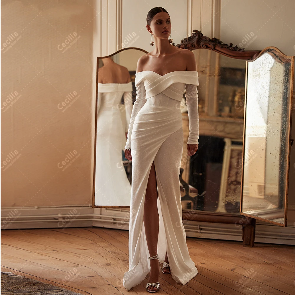 Sexy Wedding Dresses Simple Bridal Gowns Off The Shoulder Full Sleeves Sheath Mermaid High Slit Robes Elegant Vestidos De Novia