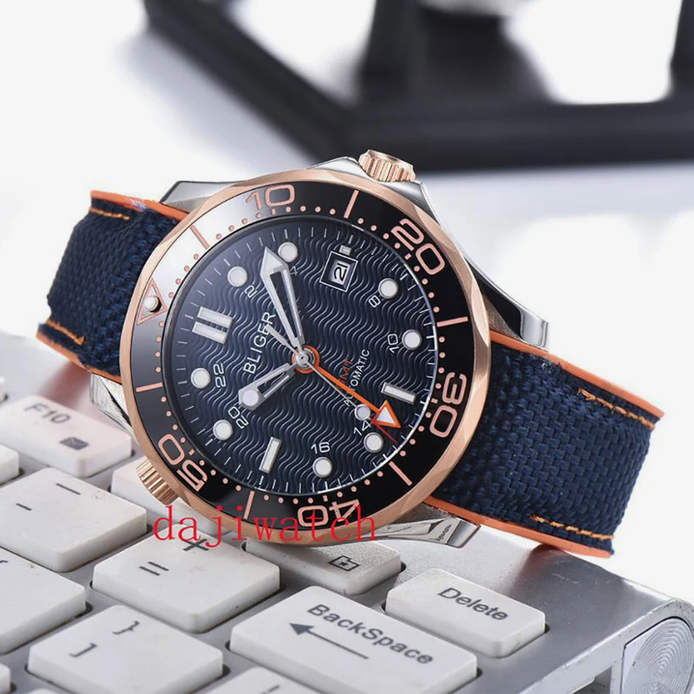 

41MM BLIGER GMT Function Automatic Men's Watch Sapphire Glass Ceramic Bezel Sterile Dial Rubber Strap Fashion Mechanical Watch