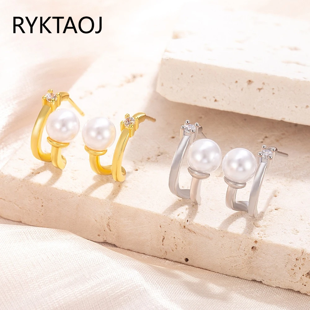 925 Sterling Silver C Shape Stud Earrings Imitation Pearl with Clear Cubic Zirconia Half Hoop Earrings Women Daily Jewelry Gift