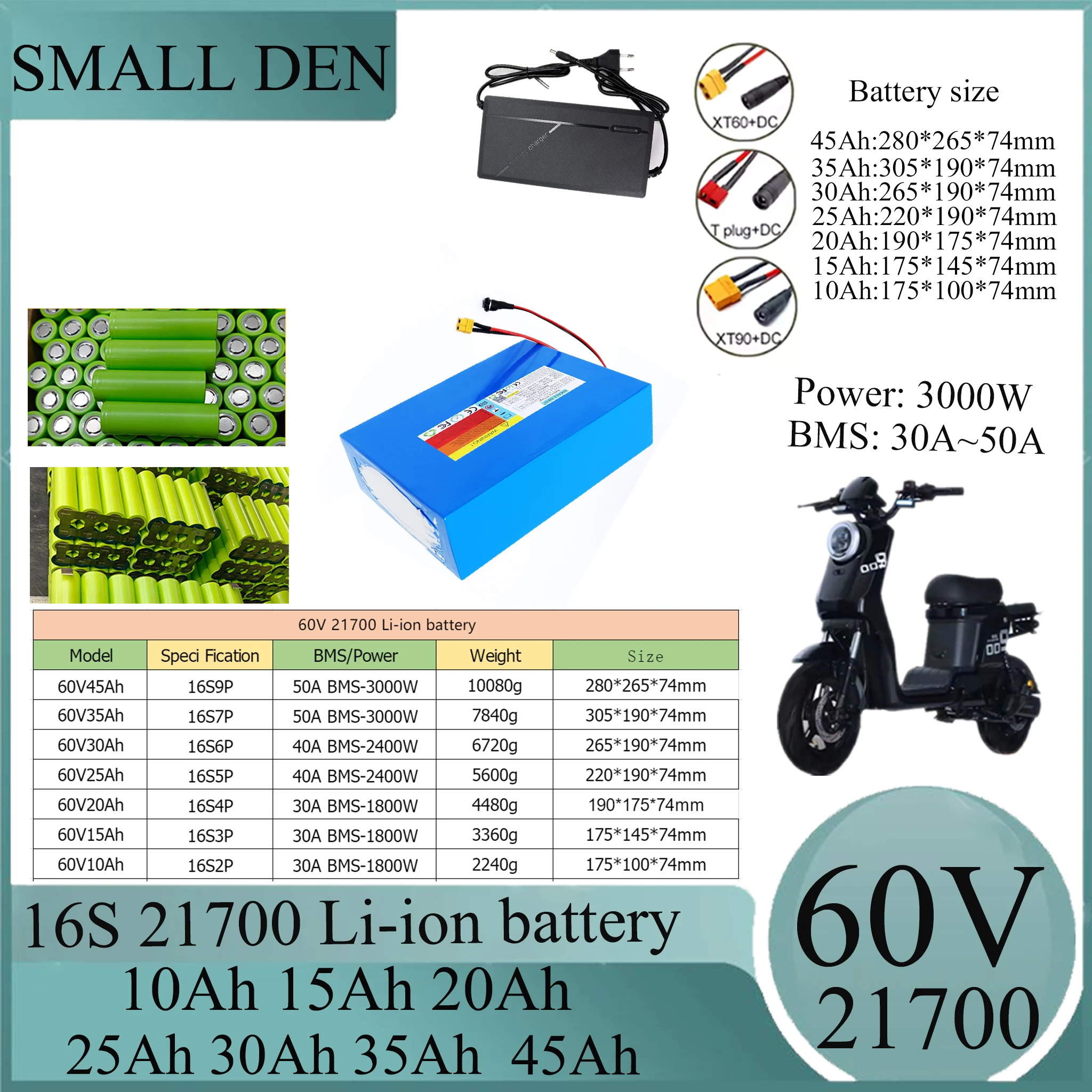 New 60V 45Ah 25Ah 15Ah 10Ah 21700 lithium-ion battery pack 0-3000W high-power electric tool with built-in BMS+67.2V charger