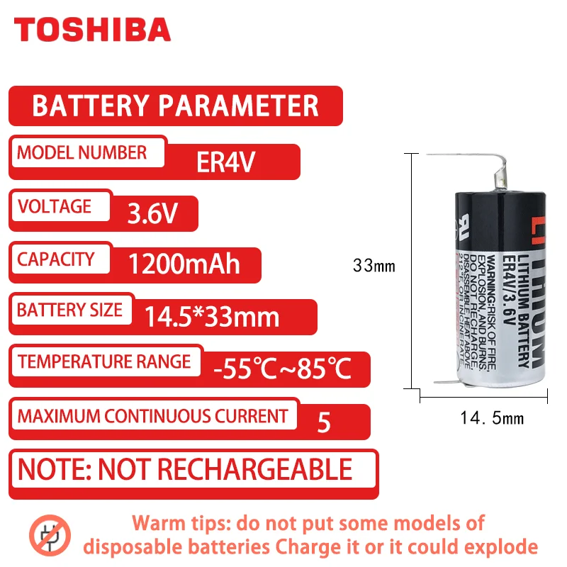 Hot New 1PCS ER4V TOSHIBA 3.6V 1200mAh Not-rechargeable Lithium Battery Made in Japan For Gas Detector CNC Lathe Plate PLC