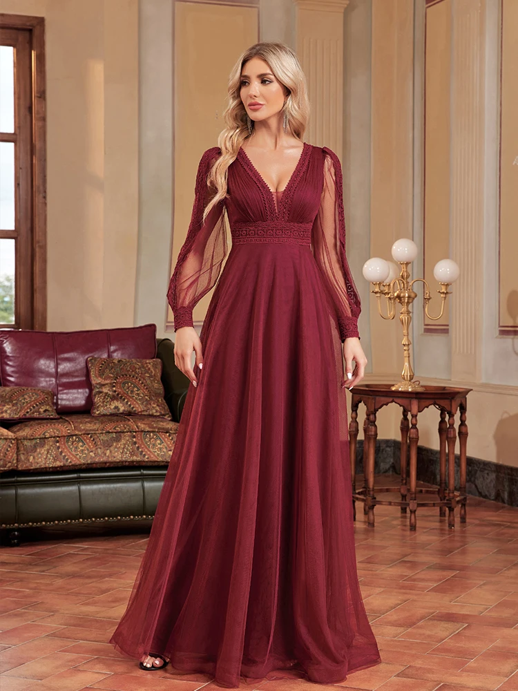 XUIBOL eleganti abiti da sera donna scollo a v Maxi lungo Chiffon manica lunga Tulle abito lungo fino al pavimento 2023 abito da ballo da damigella d'onore