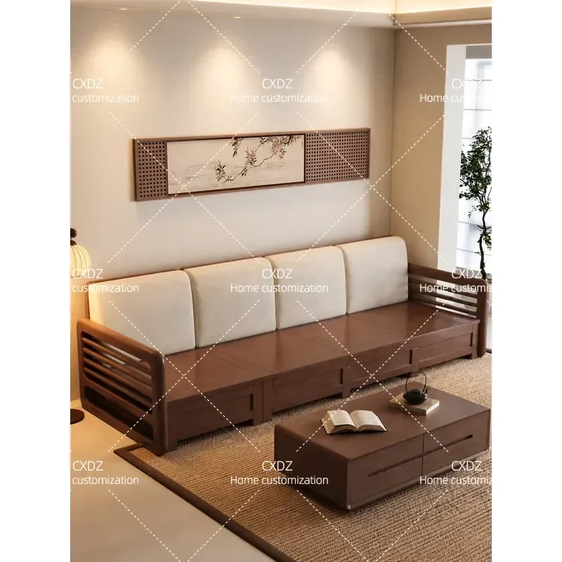 Solid Wood Sofa 4 Seater New Chinese Style Fabric Couch with Storage Dual Purpose for Winter and Summer Living Room Furniture
