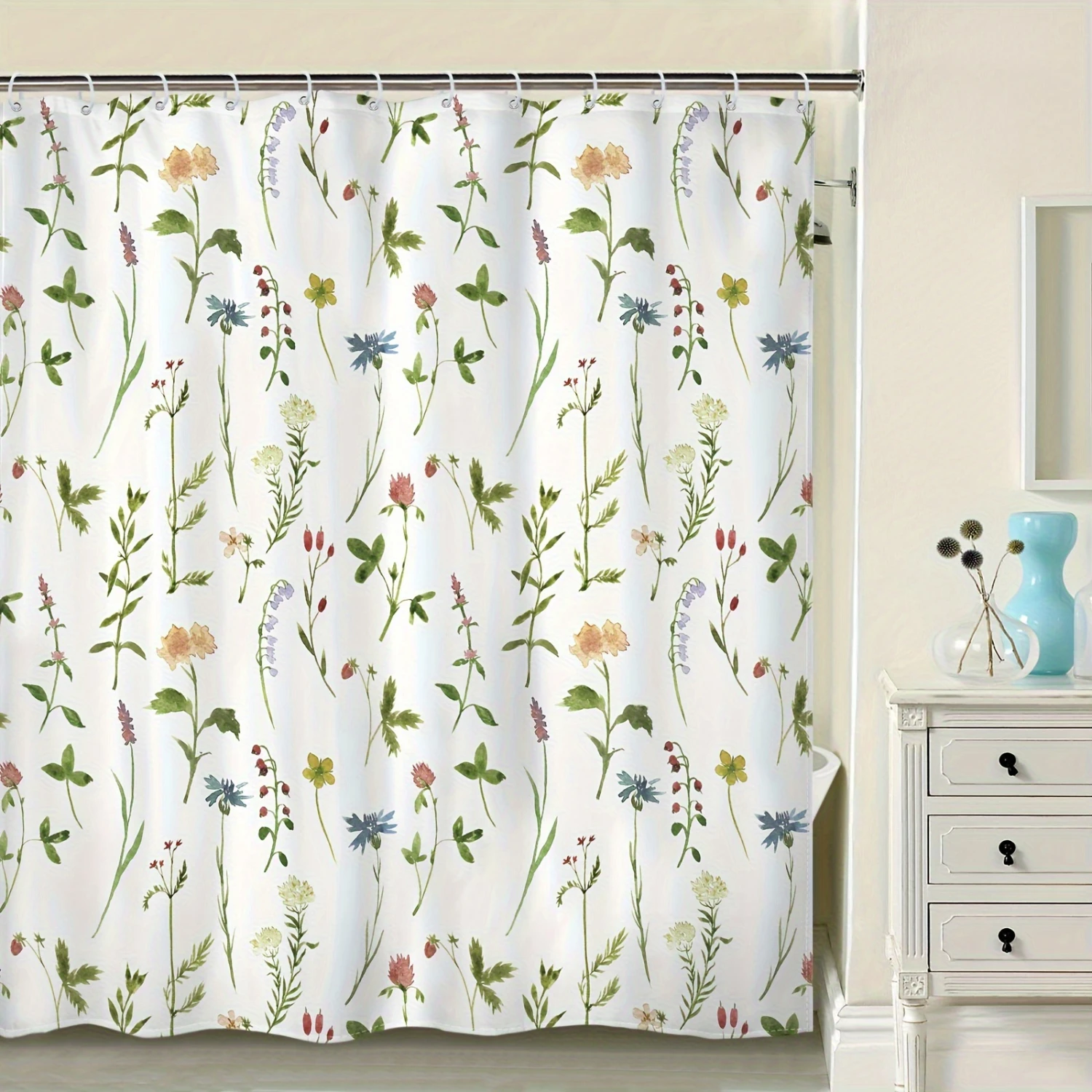 

1pc Vibrant Flower Plant Pattern Shower Curtain - Water-repellent, Decorative, 12-Hook Bathroom Partition - Essential Bathroom A