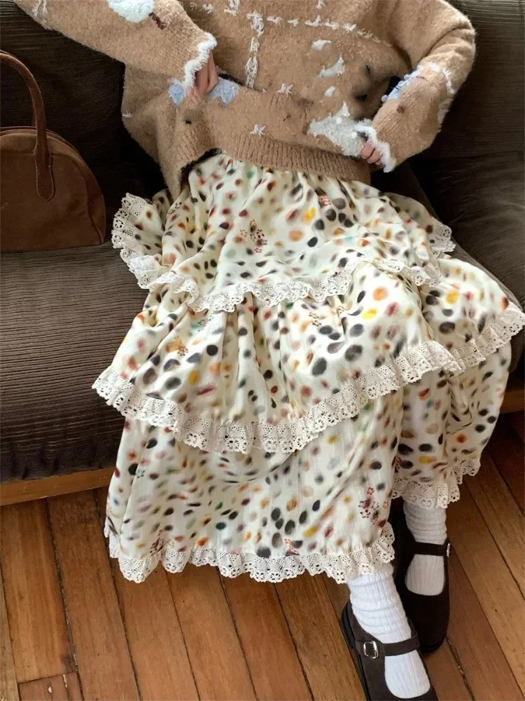 

Y2k Fashion Heavy Wave Point Cake Skirt For Women Autumn Vintage A-line Elastic Waist Skirts Loose Women's Clothing