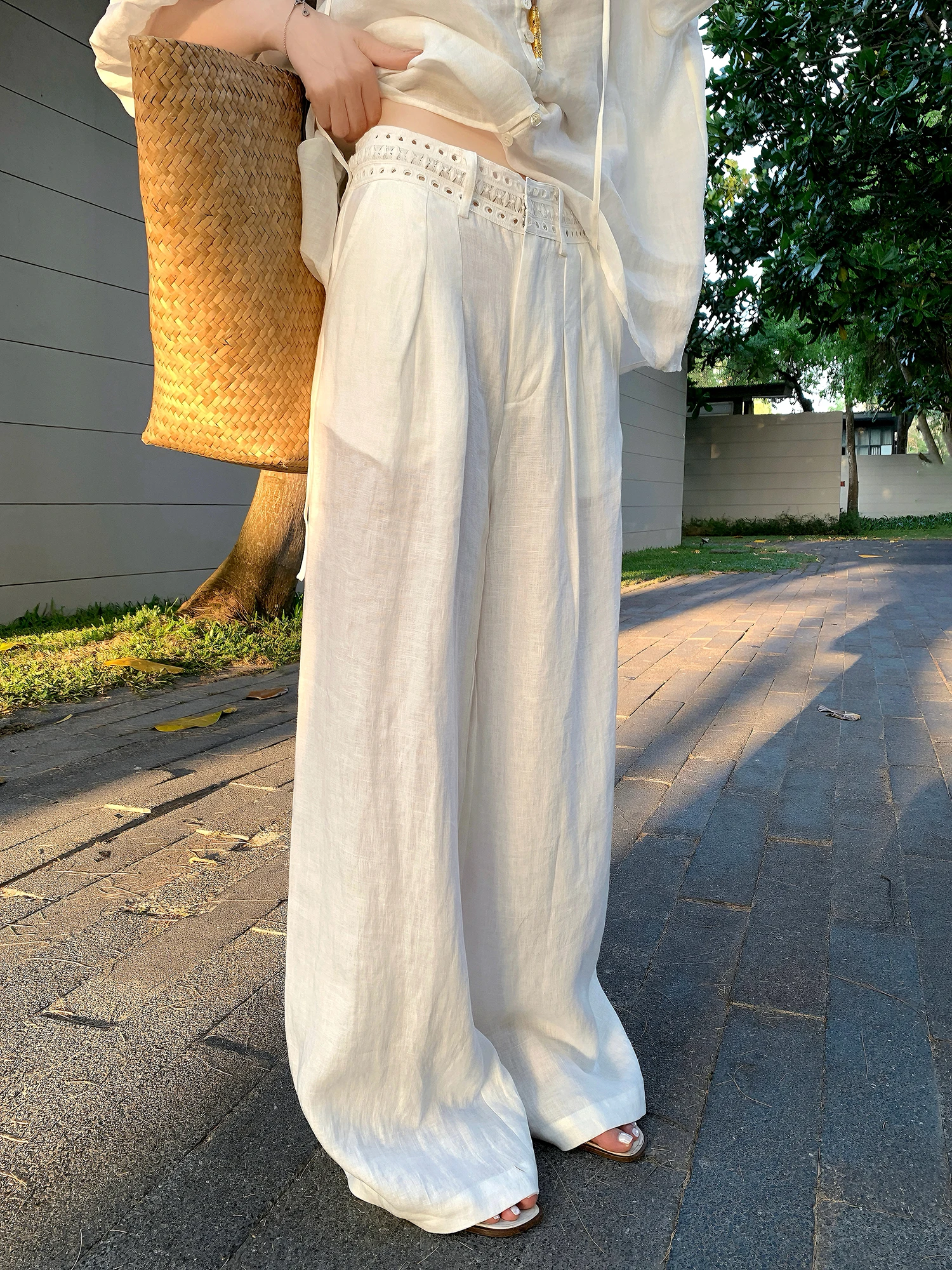 

Льняные брюки с эффектом похудения, кружевные, в романтическом стиле, длинные, с высокой талией, широкие штанины, для повседневной носки, женские, модные, повседневные брюки