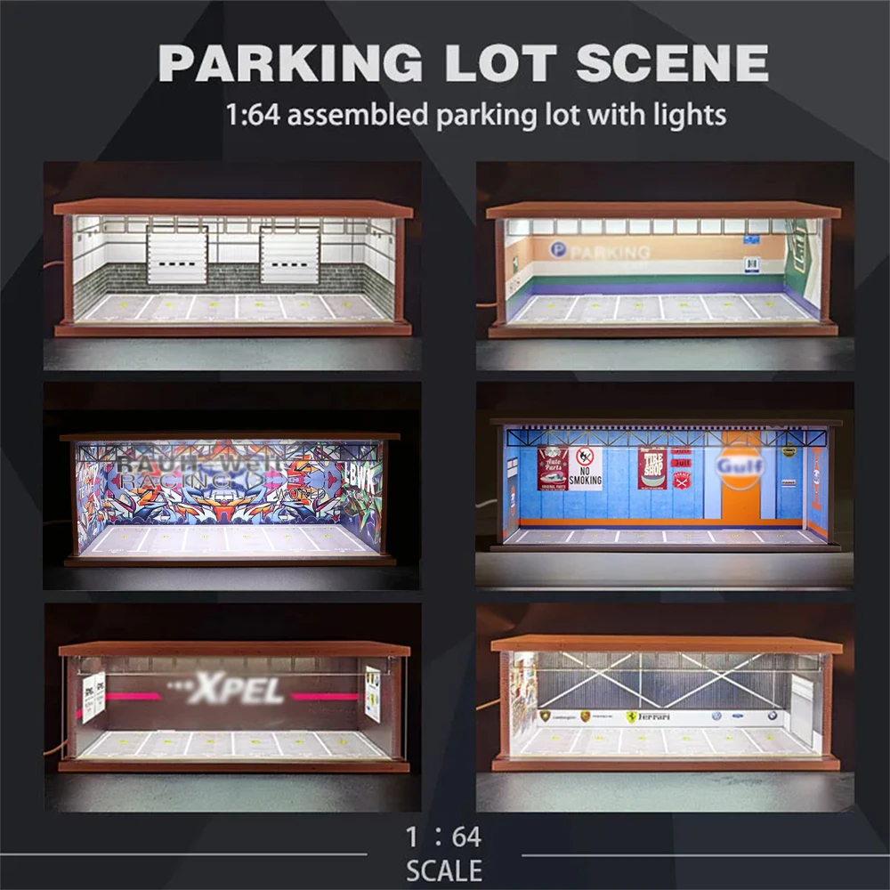 

1/64 Car Diorama Garage Parking Lot Model LED Lighting PVC Garage DIY Scene DieCast Car Model Garage for Toy Children Gift