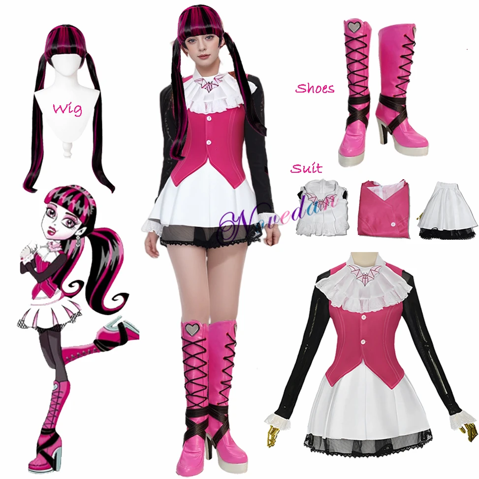 Draculaura Cosplay Monster Cos High Vampire Heart Costume Outfit  Shoes Wig Anime Cosplay Halloween Party Fancy Dress Costume