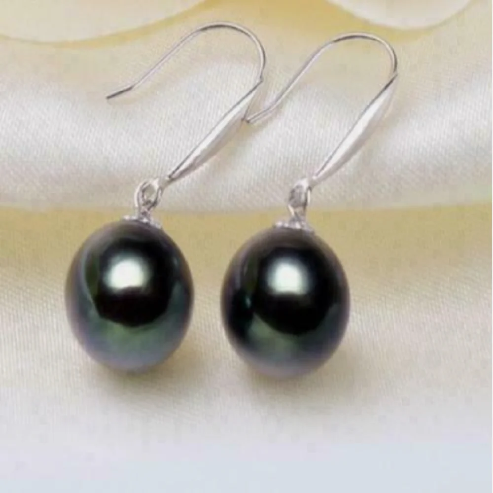 Perfect Natural 8-9mm AAA+Tahitian Black Round Pearl Earrings with 925s 9-10mm 10-11mm